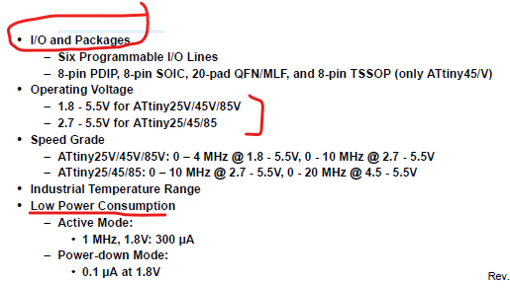 features of Attiny45 